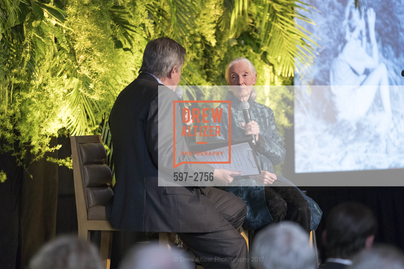 Forrest Sawyer, Jane Goodall, Gombe 2020: Tomorrow & Beyond, The Fairmont Hotel. 950 Mason Street, October 12th, 2017, Photo #597-2756 Forrest Sawyer, Jane Goodall, Photo #597-2756