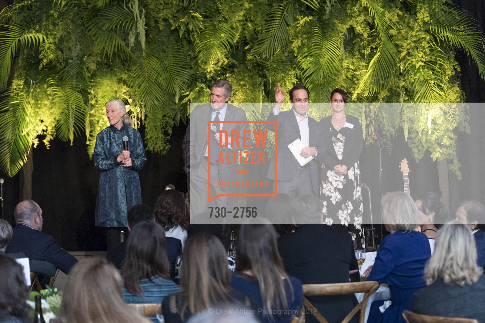 Jane Goodall, Forrest Sawyer, Charlie Knowles, Pauline Russell, Gombe 2020: Tomorrow & Beyond, The Fairmont Hotel. 950 Mason Street, October 12th, 2017, Photo #730-2756 Jane Goodall, Forrest Sawyer, Charlie Knowles, Pauline Russell, Photo #730-2756