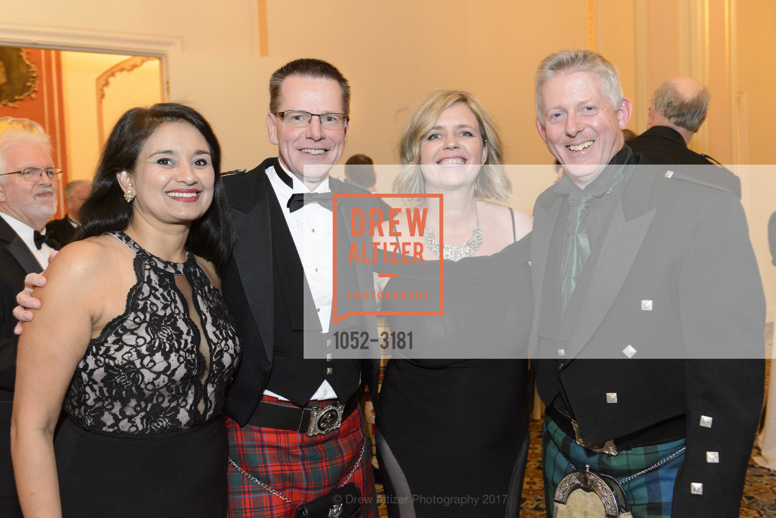 Kalpana Prashar, Colin Ritchie, Fiona MacKay, Andrew MacKay, St Andrew's Society of San Francisco 154th Annual Banquet & Ball, Marines' Memorial Club. 609 Sutter St, November 25th, 2017, Photo #1052-3181 Kalpana Prashar, Colin Ritchie, Fiona MacKay, Andrew MacKay, Photo #1052-3181