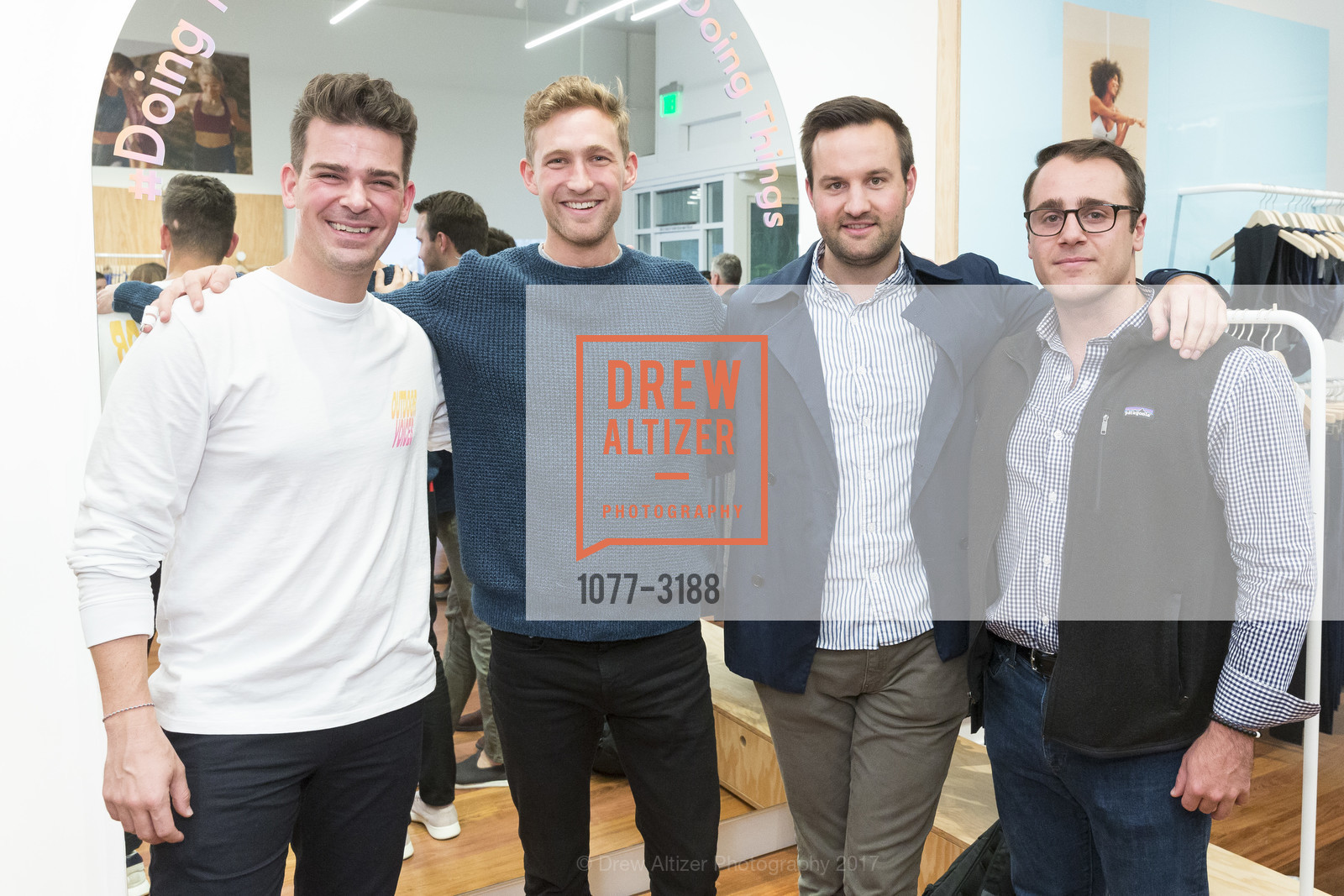 Andrew Paritti, Shawn McKean, Travis Boyce, Mike Huttner, OUTDOOR VOICES Opening Party, Outdoor Voices Shop. 555 Hayes Valley, November 30th, 2017, Photo #1077-3188 Andrew Paritti, Shawn McKean, Travis Boyce, Mike Huttner, Photo #1077-3188