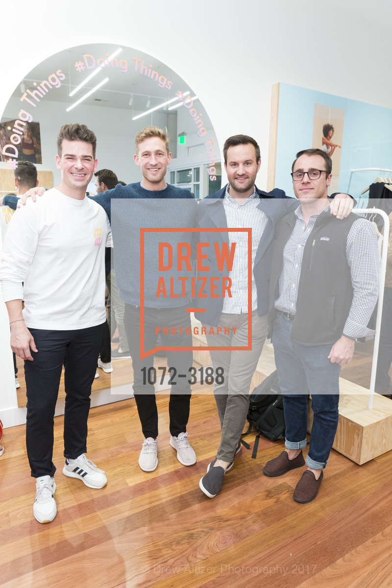 Andrew Paritti, Shawn McKean, Travis Boyce, Mike Huttner, OUTDOOR VOICES Opening Party, Outdoor Voices Shop. 555 Hayes Valley, November 30th, 2017, Photo #1072-3188 Andrew Paritti, Shawn McKean, Travis Boyce, Mike Huttner, Photo #1072-3188