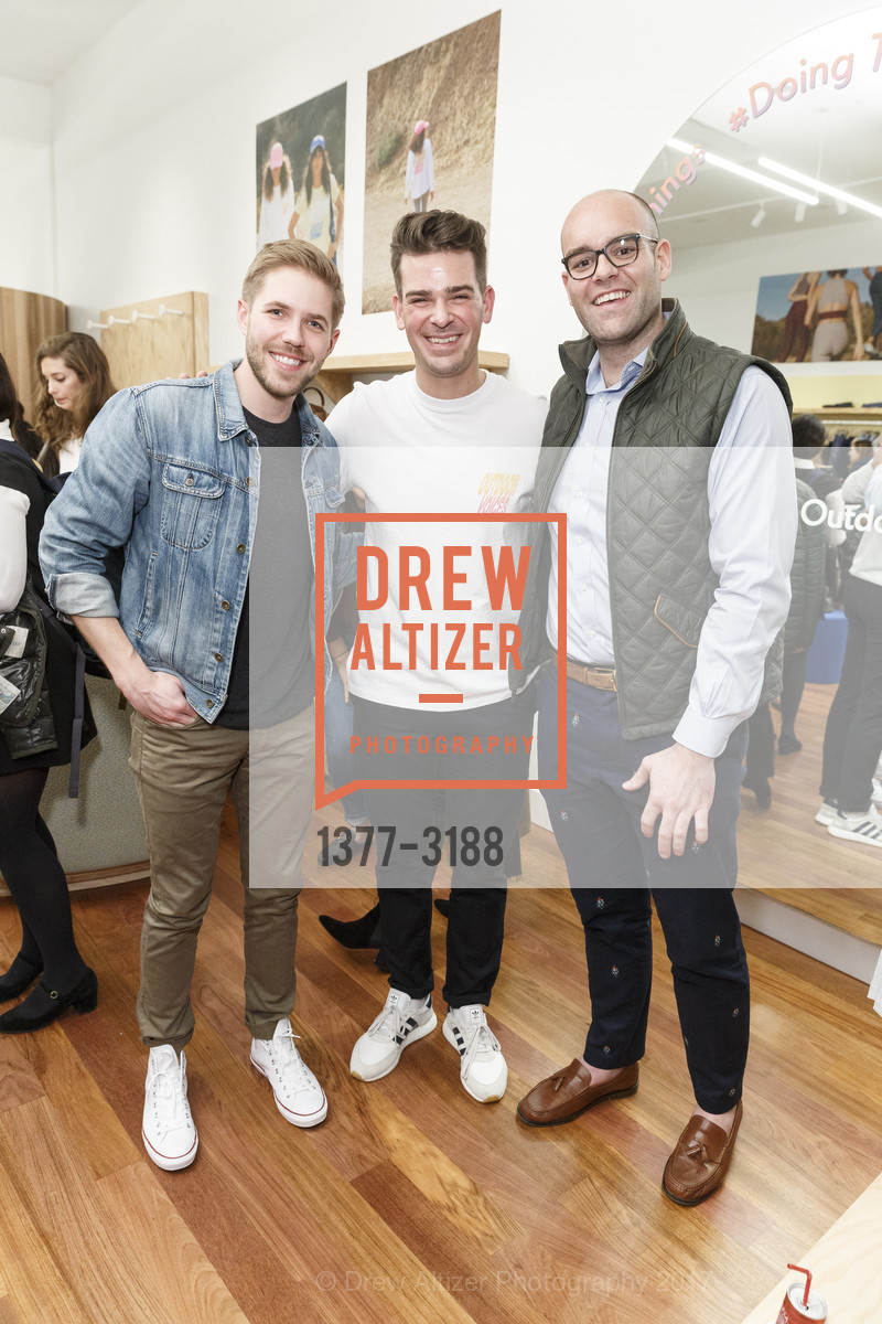 Alan Ledford, Andrew Paritti, Christopher Nulty, OUTDOOR VOICES Opening Party, Outdoor Voices Shop. 555 Hayes Valley, November 30th, 2017, Photo #1377-3188 Alan Ledford, Andrew Paritti, Christopher Nulty, Photo #1377-3188