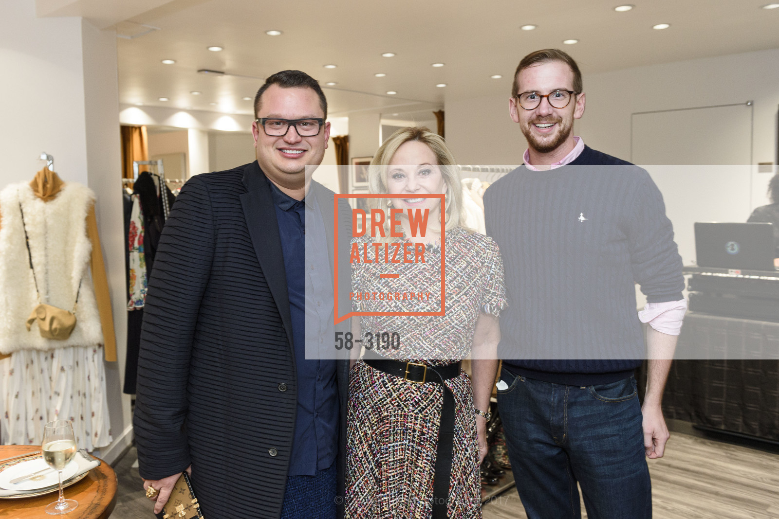 Graham Wetzbarger, Julie Wainwright, James Costantine, The RealReal Pop Up Opening Party, The RealReal Pop Up Shop. 222 Stockton Street, November 30th, 2017, Photo #58-3190 Graham Wetzbarger, Julie Wainwright, James Costantine, Photo #58-3190