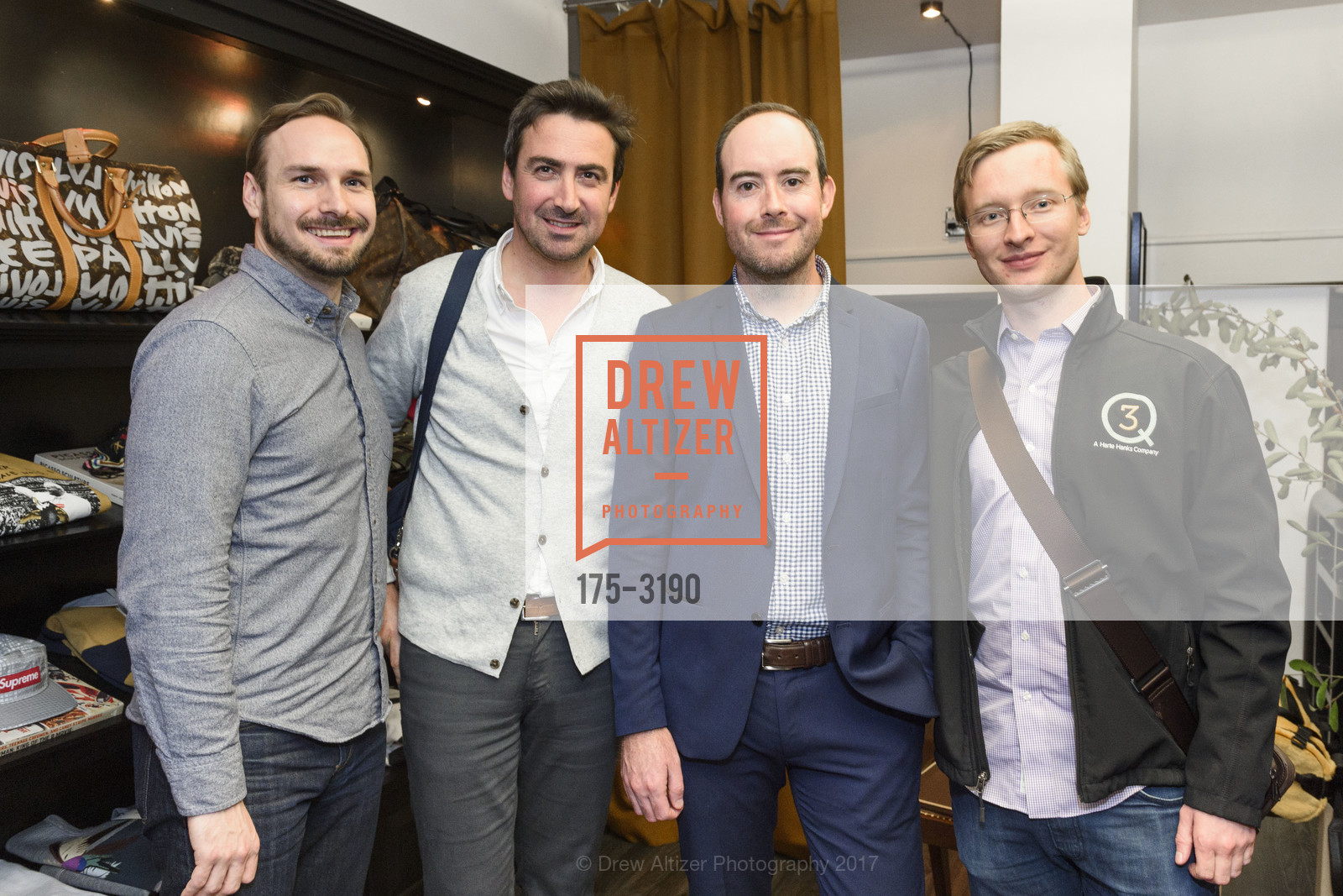 Eric Marceau, Axel Gutilly, Slaton Carter, Eric Smith, The RealReal Pop Up Opening Party, The RealReal Pop Up Shop. 222 Stockton Street, November 30th, 2017, Photo #175-3190 Eric Marceau, Axel Gutilly, Slaton Carter, Eric Smith, Photo #175-3190