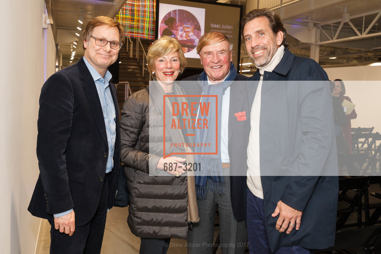 Jonathan Binstock, Pam Kramlich, Dick Kramlich, Thaddeus Stauber, Isaac Julien "Playtime" Opening Reception at Fort Mason Center for Arts and Culture, Fort Mason Center for Arts & Culture. 2 Marina Blvd., San Francisco, CA 94123, November 30th, 2017, Photo #687-3201 Jonathan Binstock, Pam Kramlich, Dick Kramlich, Thaddeus Stauber, Photo #687-3201