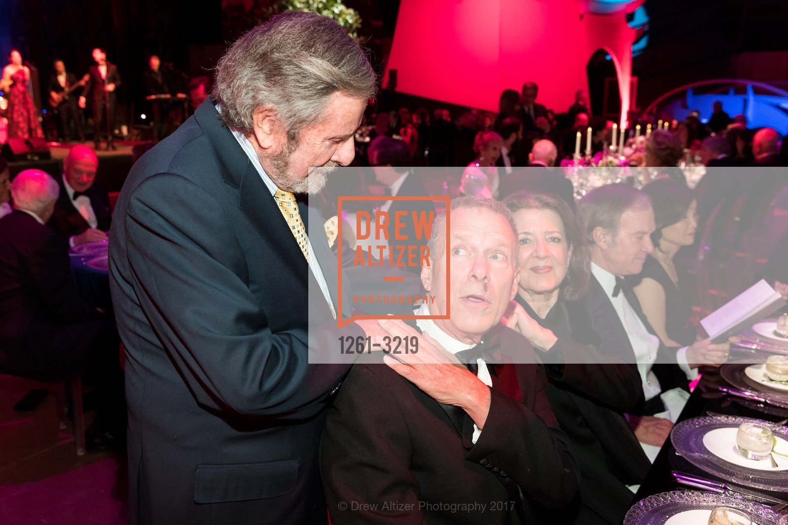 Tad Taube, David Gockley, Linda Kemper, Dinner on the Opera House Stage 2017, War Memorial Opera House, December 4th, 2017, Photo #1261-3219 Tad Taube, David Gockley, Linda Kemper, Photo #1261-3219
