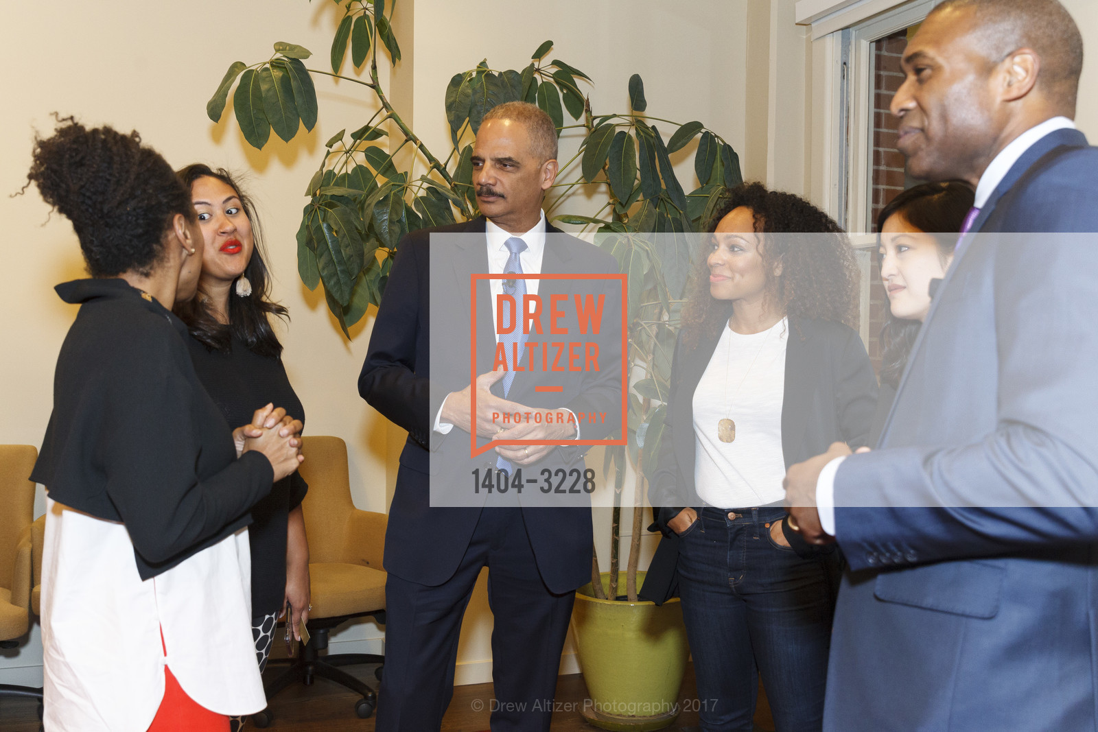 Maxine Williams, Bettie Thompson, Eric Holder, Monique Dorsainvil, Mana Nakagawa, Tony West, Phenomenal Woman Conversation & Benefit Reception, Futures Without Violence. 100 Montgomery St, December 5th, 2017, Photo #1404-3228 Maxine Williams, Bettie Thompson, Eric Holder, Monique Dorsainvil, Mana Nakagawa, Tony West, Photo #1404-3228