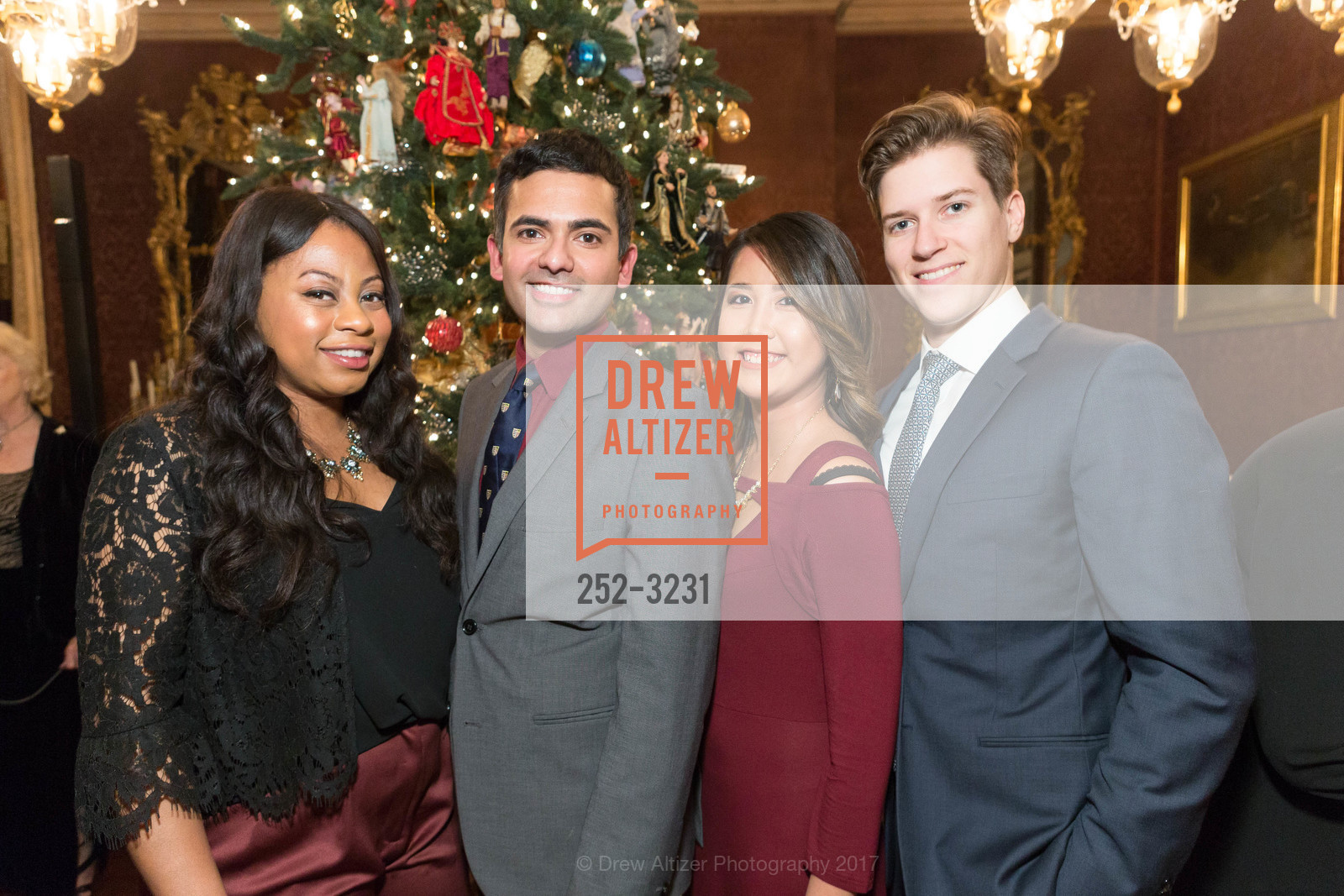 Shanell Williams, Ken Russell Coelho, Diane Le, Aaron Hubbard, Protocol Office Christmas Party Hosted by Gordon and Ann Getty, Private Residence, December 5th, 2017, Photo #252-3231 Shanell Williams, Ken Russell Coelho, Diane Le, Aaron Hubbard, Photo #252-3231