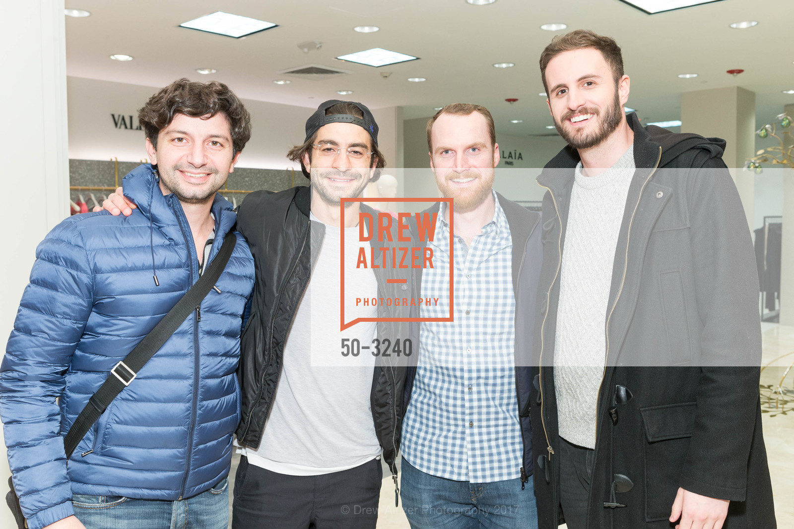 Nick Vliovik, Tamer Hassanein, Tyler Gaffney, Mike Selden, Saks Fifth Avenue Private Shopping Event, Saks 5th Avenue. 384 Post Street, December 6th, 2017, Photo #50-3240 Nick Vliovik, Tamer Hassanein, Tyler Gaffney, Mike Selden, Photo #50-3240