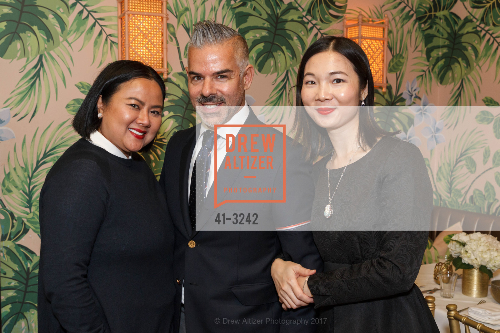 Jamie Wong, Ron Barajas, Sylvia Zhang, Saks Fifth Avenue and David Webb Dinner, Leo's Oyster Bar. 568 Sacramento Street, December 7th, 2017, Photo #41-3242 Jamie Wong, Ron Barajas, Sylvia Zhang, Photo #41-3242
