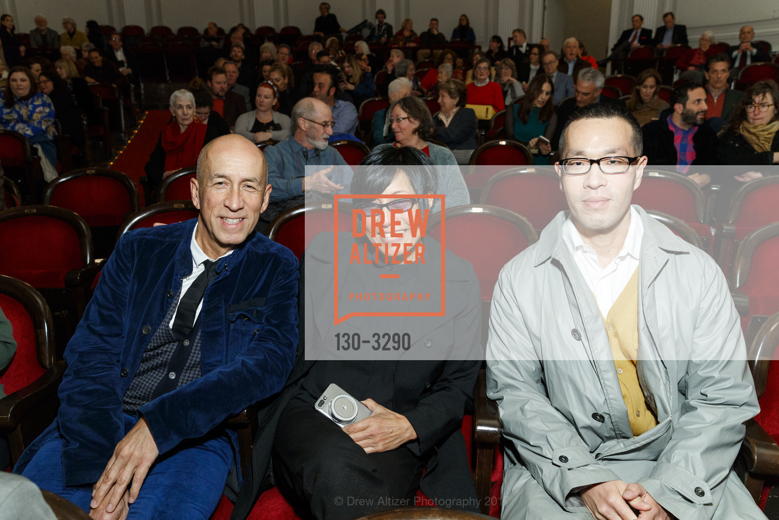 Ed Gilbert, JD Beltran, Kern Shin, Vertighost Film Screening and Reception with Lynn Hershman Leeson, Legion of Honor, December 15th, 2017, Photo #130-3290 Ed Gilbert, JD Beltran, Kern Shin, Photo #130-3290