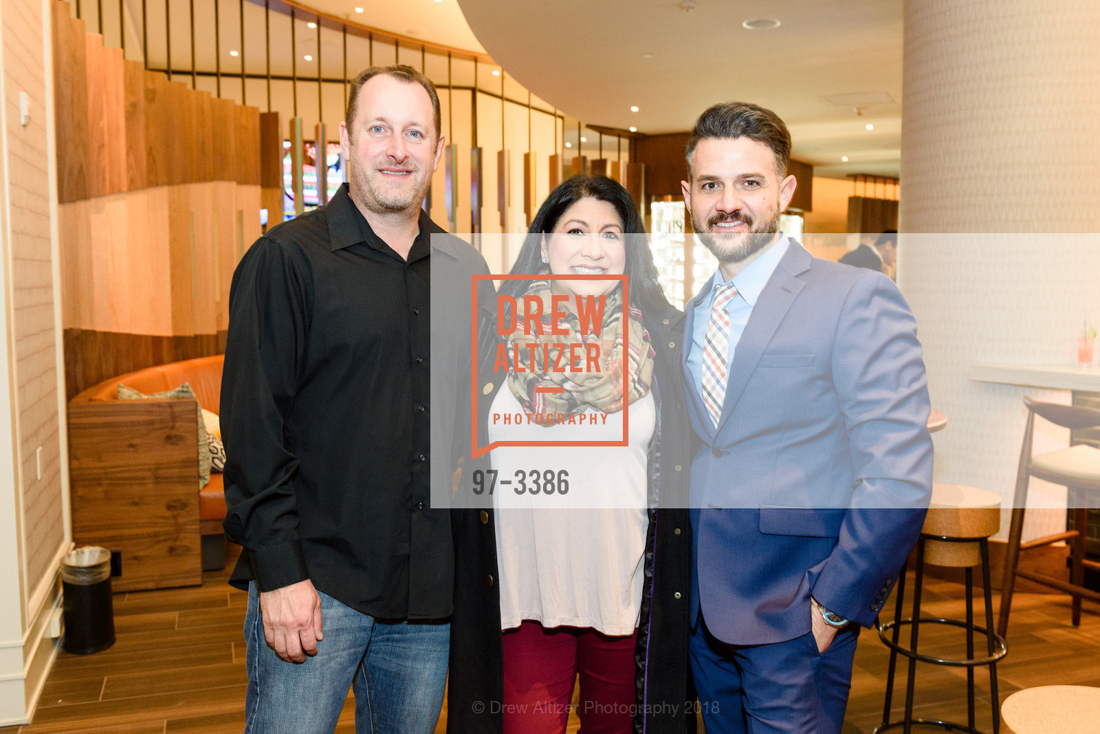 Chris Scholl, Gloria Navarro, AJ Prasaguet, Scroll Ball Waterside Kitchen Opening, Scroll Bar, Pullman Hotel. 223 Twin Dolphin Drive, February 1st, 2018, Photo #97-3386 Chris Scholl, Gloria Navarro, AJ Prasaguet, Photo #97-3386