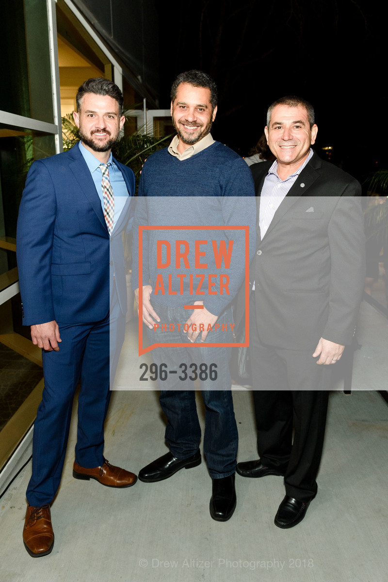 AJ Prasaguet, Ian Bain, Richard Uribe, Scroll Ball Waterside Kitchen Opening, Scroll Bar, Pullman Hotel. 223 Twin Dolphin Drive, February 1st, 2018, Photo #296-3386 AJ Prasaguet, Ian Bain, Richard Uribe, Photo #296-3386
