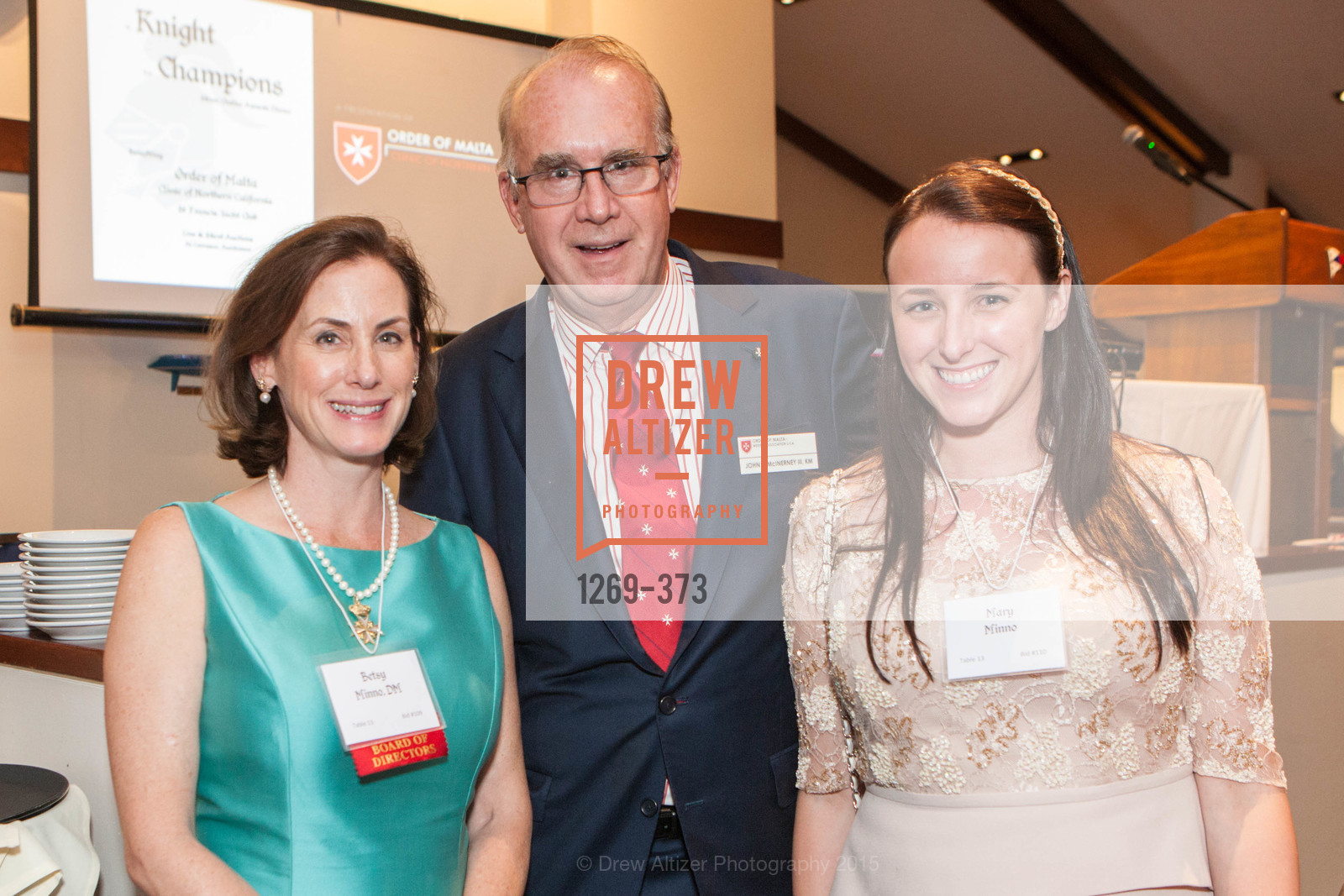 Elizabeth Minno, John McInerney, Mary Minno, Sovereign Order of Malta Presents: A Knight for Champions, 7th Annual Silver Chalice Awards Dinner, St. Francis Yacht Club. St. Francis Yatch Club, October 13th, 2015, Photo #1269-373 Elizabeth Minno, John McInerney, Mary Minno, Photo #1269-373