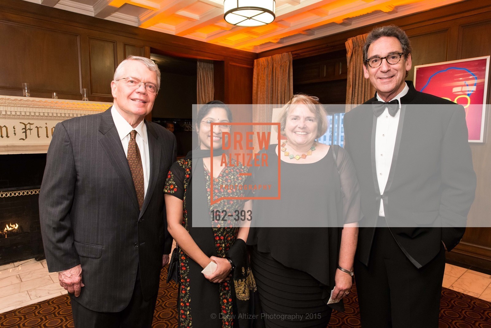 George Smith, Usha Ashok, Camilla Smith, Fred Levin, San Francisco Performances' 36th Season Gala, Merchants Exchange Building, Julia Morgan Ballroom. Merchants Exchange Building, Julia Morgan Ballroom. 465 California St, San Francisco, CA 94104, October 16th, 2015, Photo #162-393 George Smith, Usha Ashok, Camilla Smith, Fred Levin, Photo #162-393