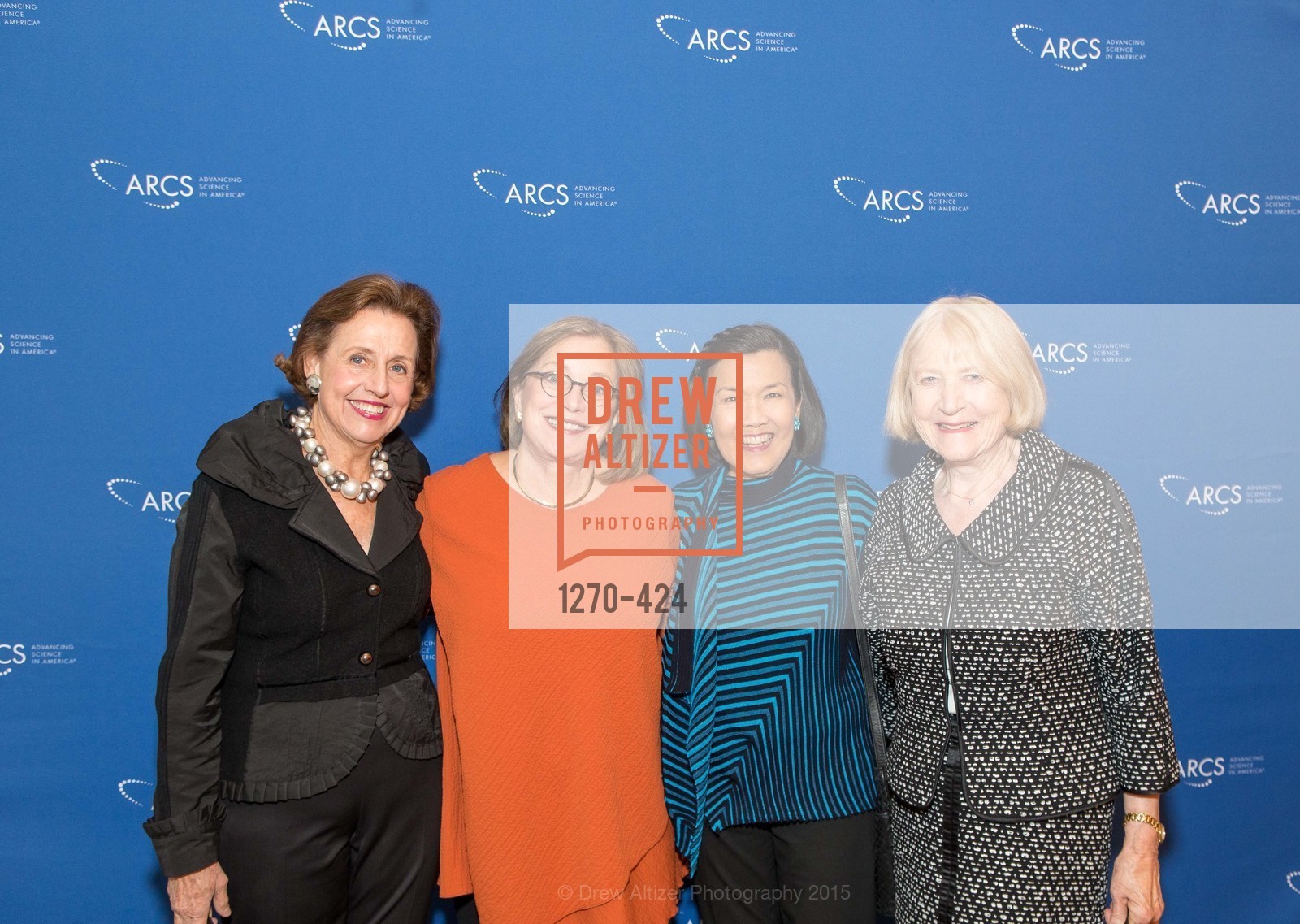 Pam Elliott, Tina Hinckley, Sharon Woo, Betsy Stafford, 2015 ARCS Foundation Scholar Awards Luncheon, The Fairmont San Francisco. The Fairmont San Francisco, . 950 Mason St, October 29th, 2015, Photo #1270-424 Pam Elliott, Tina Hinckley, Sharon Woo, Betsy Stafford, Photo #1270-424