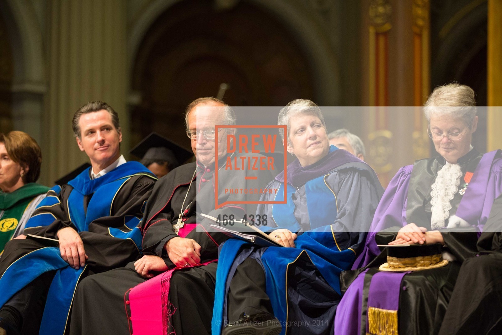 Gavin Newsom, Reverend Robert McElroy, Janet Napolitano, Genevieve Medevielle, University of San Francisco PRESIDENTIAL Inauguration Ceremony for Rev. Paul J. Fitzgerald, S.J., US, November 2nd, 2014, Photo #468-4338 Gavin Newsom, Reverend Robert McElroy, Janet Napolitano, Genevieve Medevielle, Photo #468-4338
