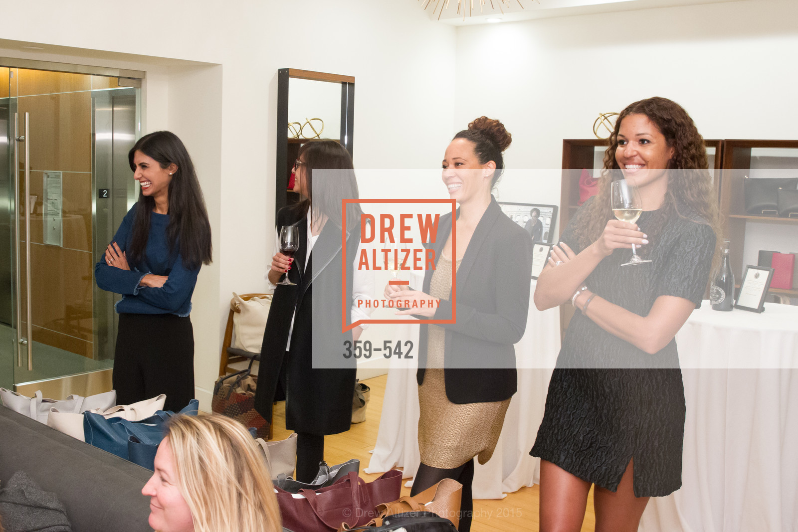 Shilpa Shah, Karla Gallardo, Robin McBride, Andrea McBride, Cuyana + The McBride Sisters, Cayuna Showroom. 291 Geary Street, 2nd Floor, November 19th, 2015, Photo #359-542 Shilpa Shah, Karla Gallardo, Robin McBride, Andrea McBride, Photo #359-542