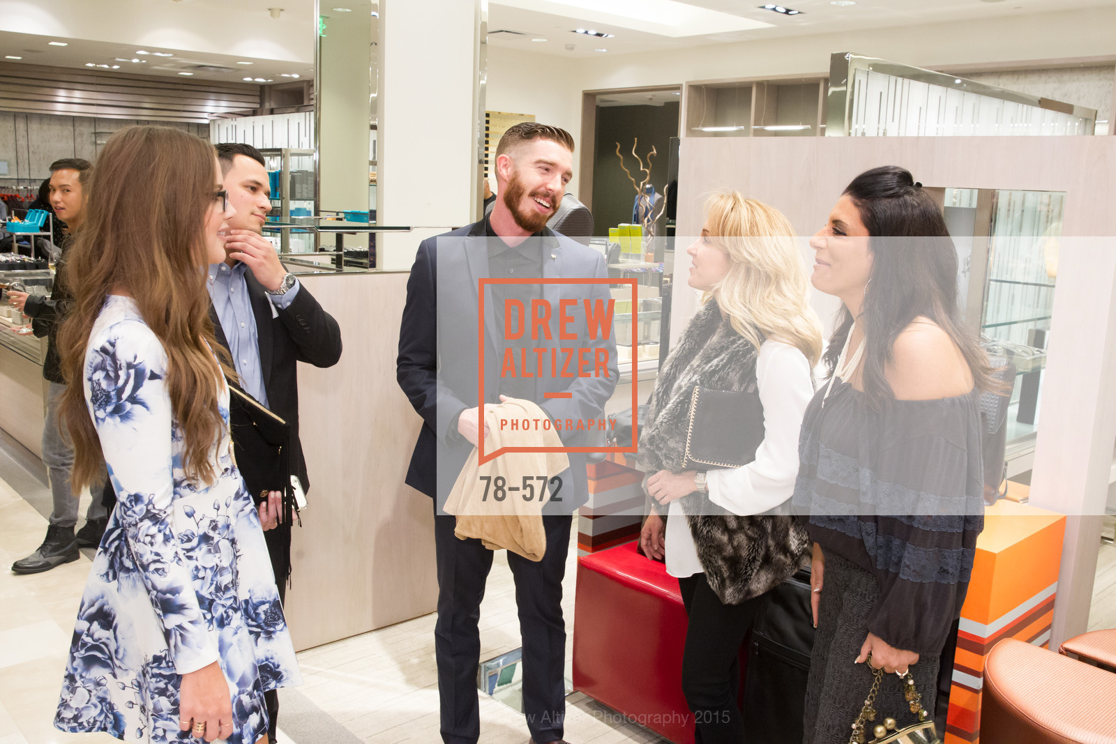 Dena Waterman, Nathan Boyce, Sean Christie, Melissa Kress, Sandy Dudum Bennett, Neiman Marcus Walnut Creek welcomes neighbors ROOFTOP and Teleferic Barcelona, Neiman Marcus. 1000 South Main Street, November 20th, 2015, Photo #78-572 Dena Waterman, Nathan Boyce, Sean Christie, Melissa Kress, Sandy Dudum Bennett, Photo #78-572