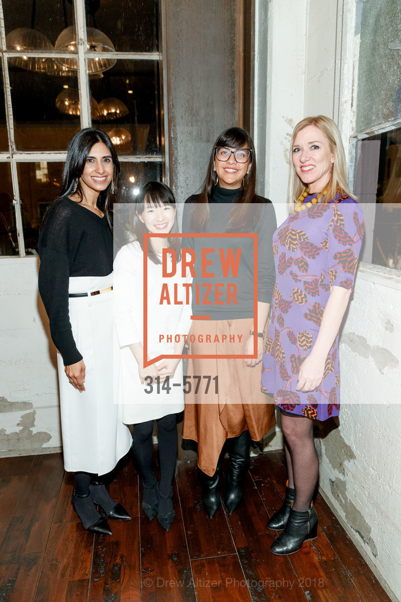 Shilpa Shah, Marie Kondo, Karla Gallardo, Lara Deam, Cuyana and Dwell Magazine for Marie Kondo Dinner, Central Kitchen. 3000 20th St, San Francisco, CA 94110, February 27th, 2018, Photo #314-5771 Shilpa Shah, Marie Kondo, Karla Gallardo, Lara Deam, Photo #314-5771
