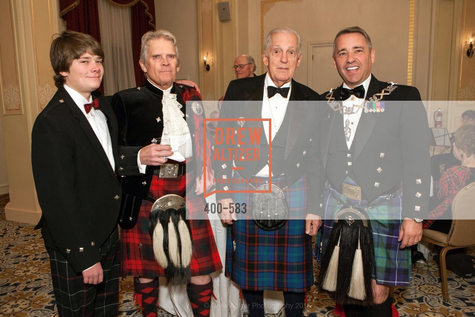 Garquin Haussermann, Selby Haussermann, Stewart Hume, Jamie Koyil, St. Andrew's Society of San Francisco Annual Banquet and Ball 2015, Marines' Memorial Club & Hotel. 609 Sutter St, November 28th, 2015, Photo #400-583 Garquin Haussermann, Selby Haussermann, Stewart Hume, Jamie Koyil, Photo #400-583