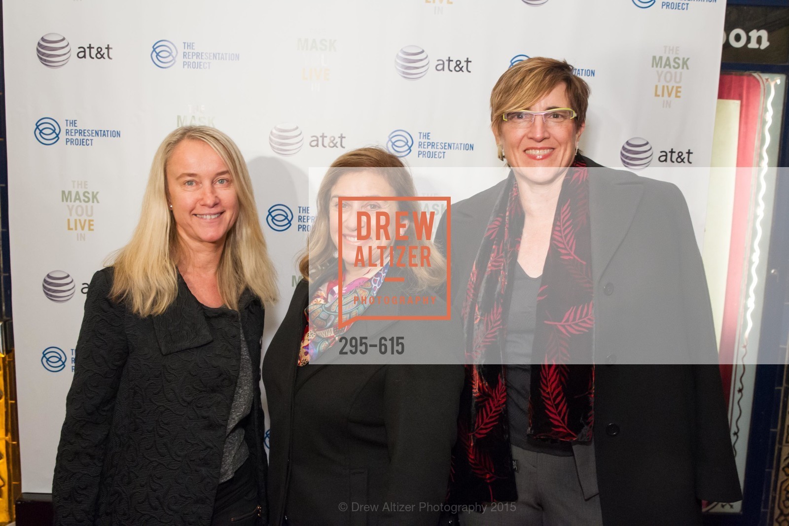 Lubov Smith, Leslie Katz, Sue Bethanis, Jennifer Siebel Newsom's Castro Screening The Mask You Live In, Castro Theatre. 429 Castro Street, December 2nd, 2015, Photo #295-615 Lubov Smith, Leslie Katz, Sue Bethanis, Photo #295-615