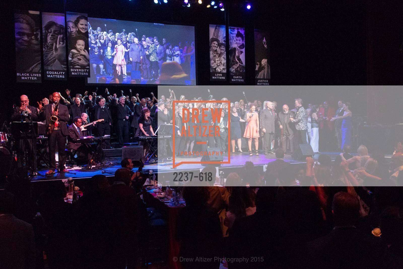 Renel Brooks-Moon, Cecil Williams, Janice Mirikitani, GLIDE’s Annual Holiday Jam: Love Matters, The Warfield Theatre. 982 Market, December 3rd, 2015, Photo #2237-618 Renel Brooks-Moon, Cecil Williams, Janice Mirikitani, Photo #2237-618