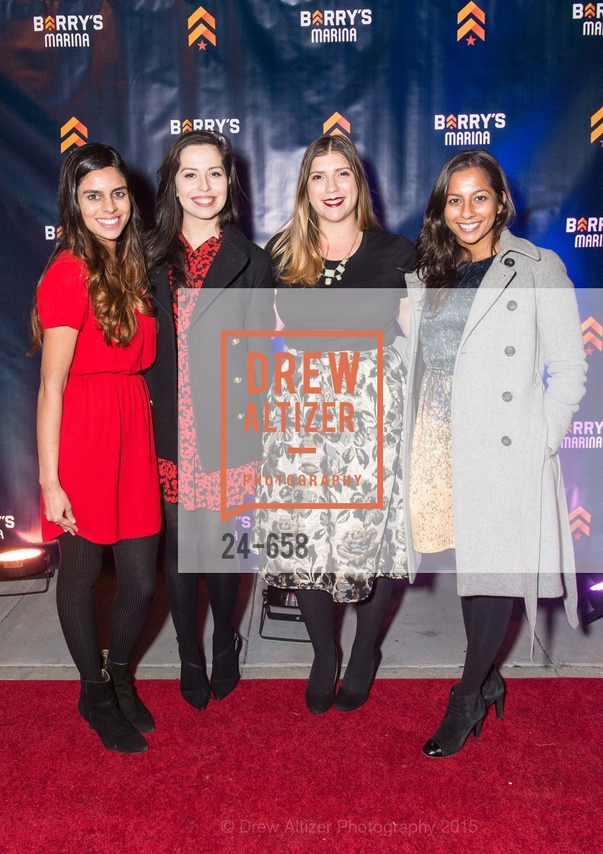 Salima Mavani, Ellen Scales, Maya Geleroff, Soumya Srinegesh, Barry's Marina Opening, Barry's. 2246 Lombard Street, December 17th, 2015, Photo #24-658 Salima Mavani, Ellen Scales, Maya Geleroff, Soumya Srinegesh, Photo #24-658