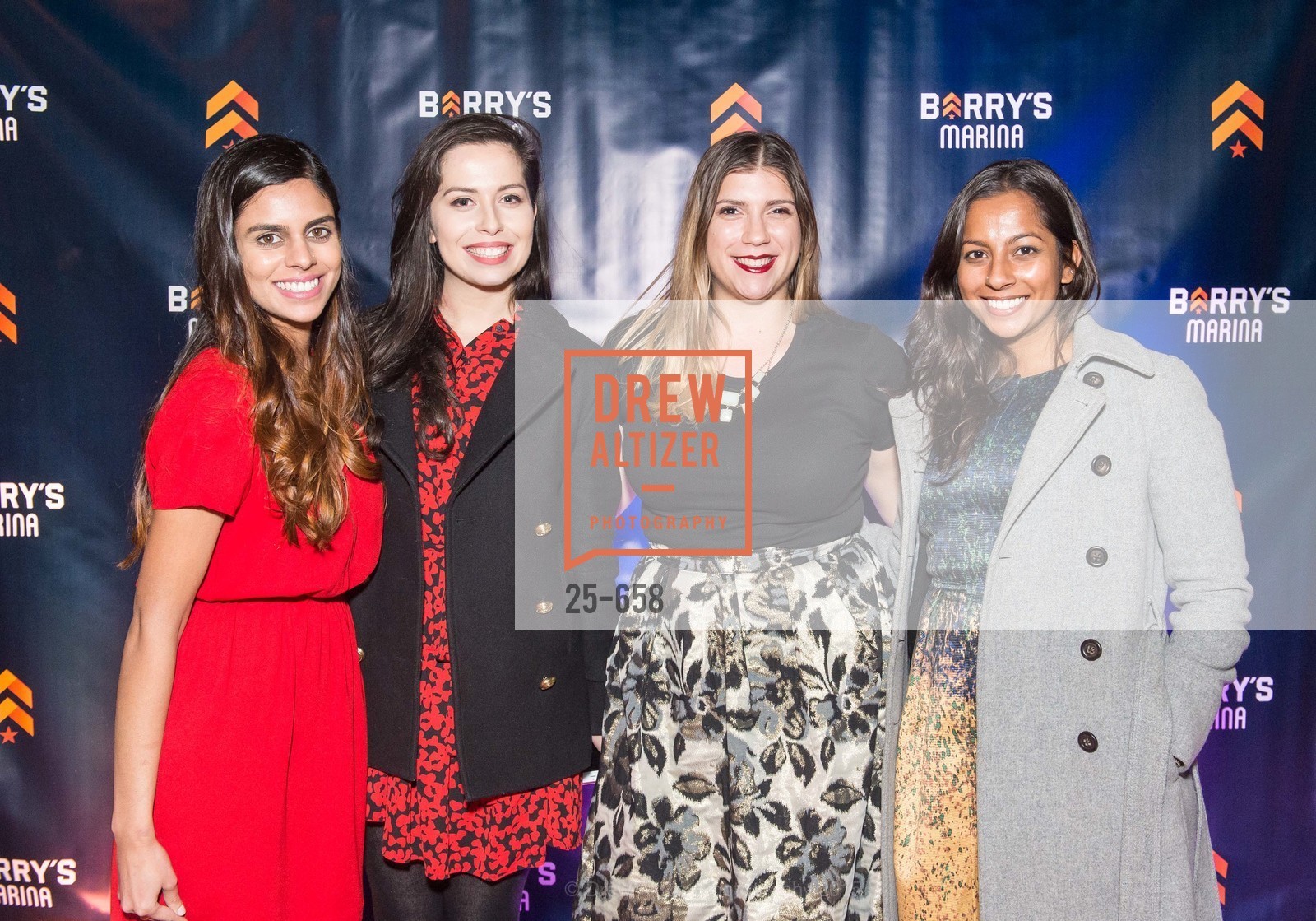 Salima Mavani, Ellen Scales, Maya Geleroff, Soumya Srinegesh, Barry's Marina Opening, Barry's. 2246 Lombard Street, December 17th, 2015, Photo #25-658 Salima Mavani, Ellen Scales, Maya Geleroff, Soumya Srinegesh, Photo #25-658