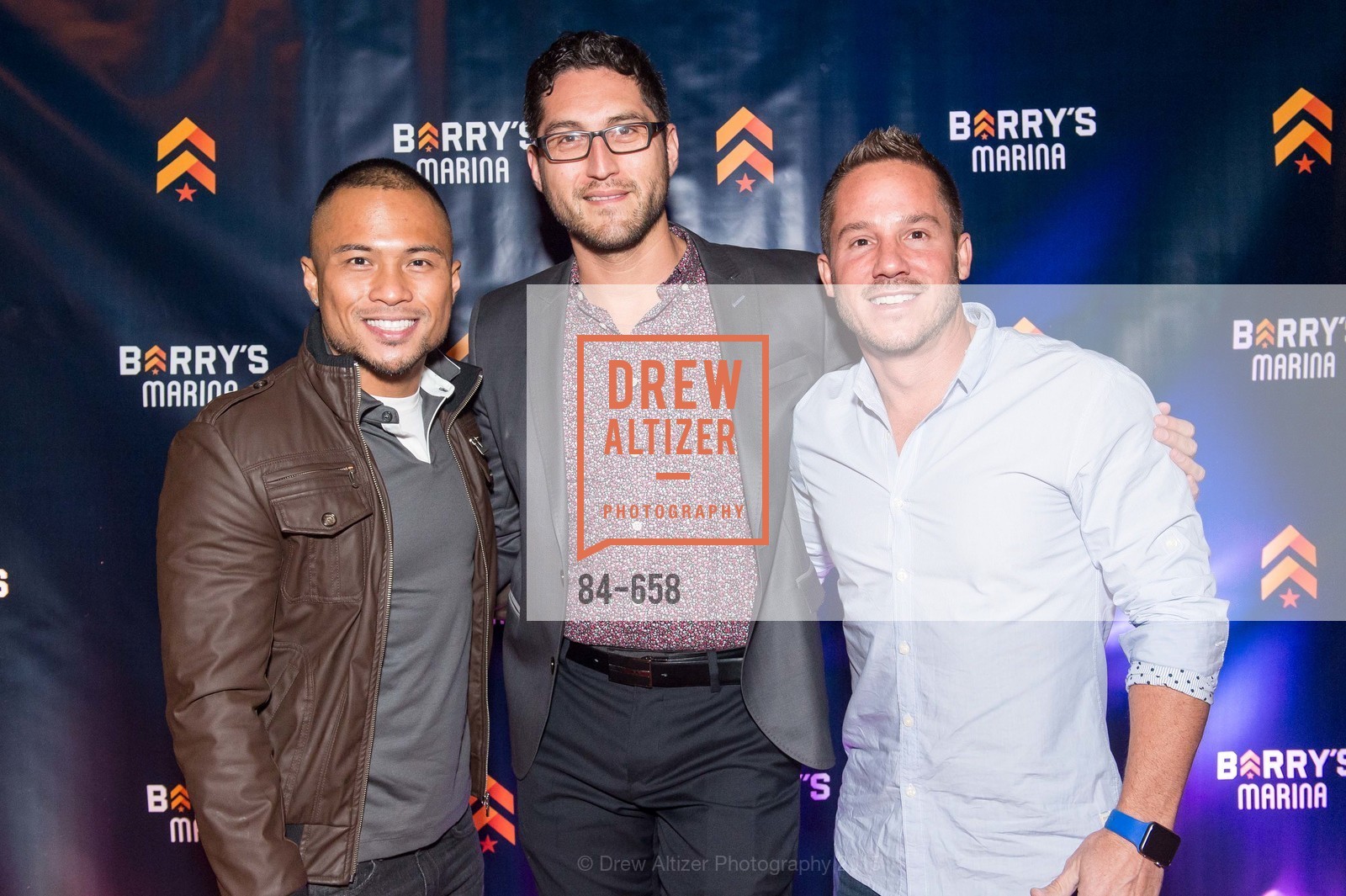 Gerard Urbano, Raul Gutierrez, Jarrod Cornehl, Barry's Marina Opening, Barry's. 2246 Lombard Street, December 17th, 2015, Photo #84-658 Gerard Urbano, Raul Gutierrez, Jarrod Cornehl, Photo #84-658
