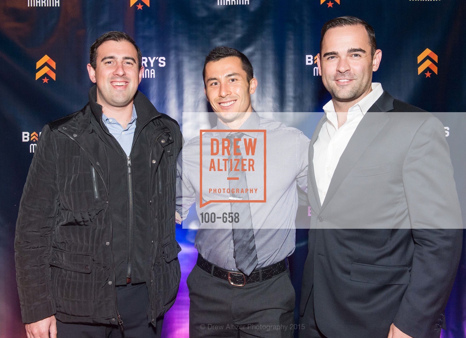Josh Mogabgab, Jeff Langewisch, Shane Neal, Barry's Marina Opening, Barry's. 2246 Lombard Street, December 17th, 2015, Photo #100-658 Josh Mogabgab, Jeff Langewisch, Shane Neal, Photo #100-658