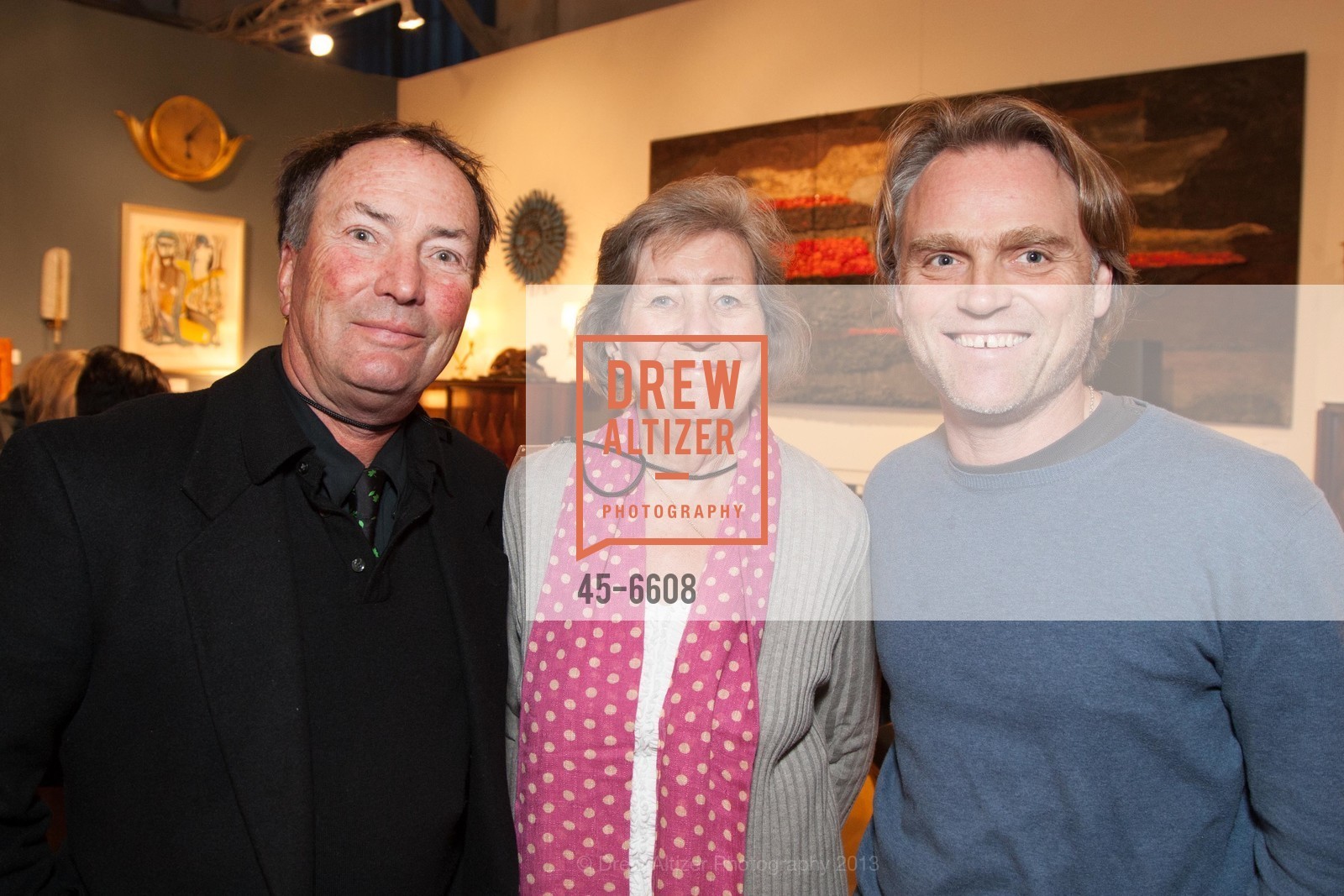 Tom Deming, Jean Barker, Francis Lord, SFFAS's 2013 Designer Circle Preview Reception, Cafe Girandole, Grand Pavillion. Fort Mason Center, October 22nd, 2013, Photo #45-6608 Tom Deming, Jean Barker, Francis Lord, Photo #45-6608