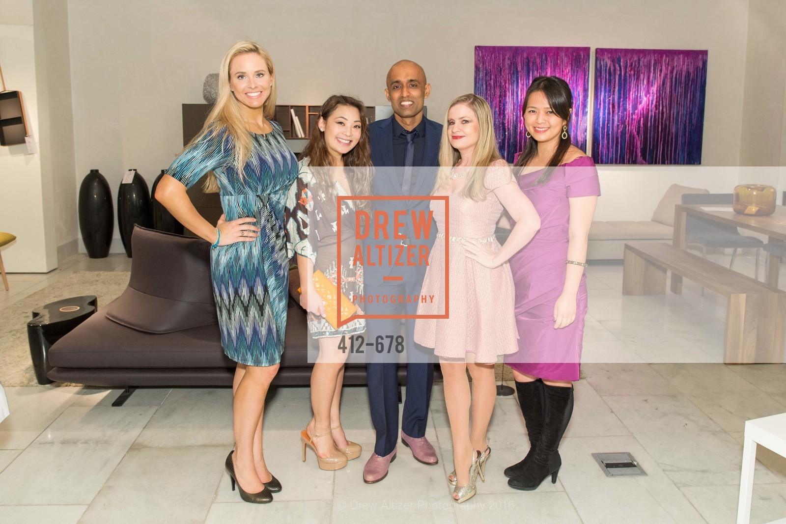 Elizabeth Sgarrella, Kelcie Lee, Sunil Sharma, Julie Hall, Angela Zhang, 2016 ENCORE! Launch Party, Ligne Roset. 162 King Street, January 7th, 2016,Drew Altizer, Drew Altizer Photography, full-service agency, private events, San Francisco photographer, photographer california