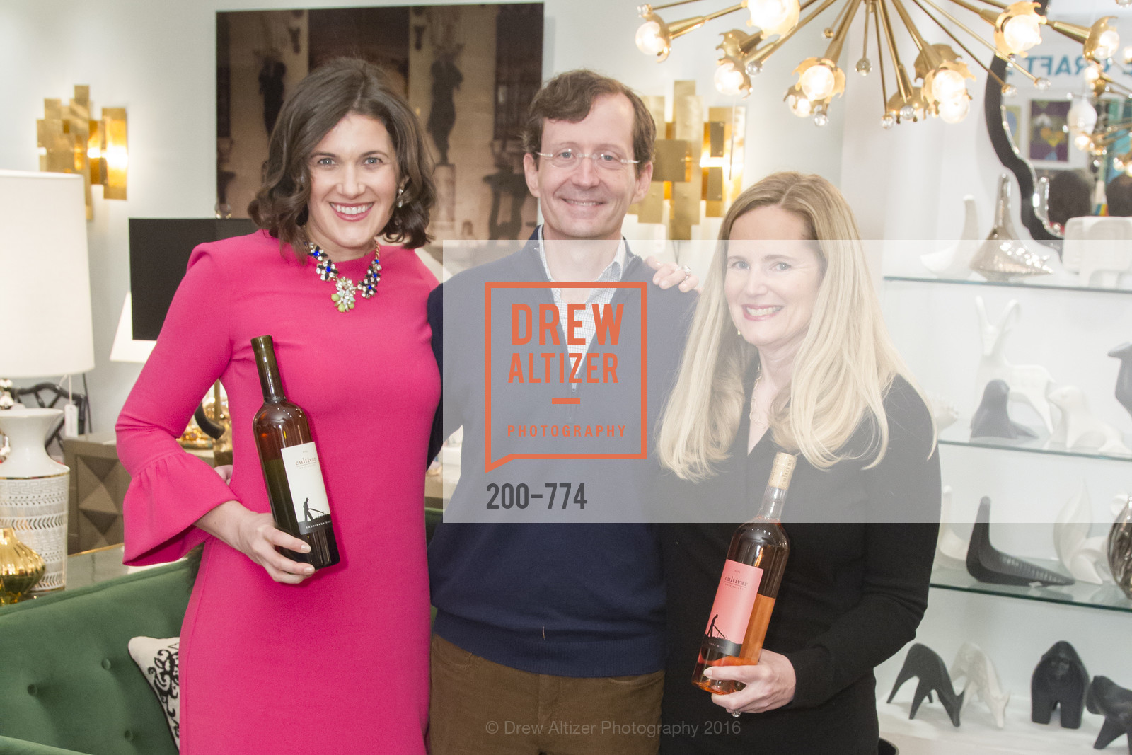 Emily Martin, John Gable, Gingy Harris Gable, Jonathan Adler Sip & Shop with Cultivar Wine & The JetSetting Fashionista, Jonathan Adler Store. 2133 Fillmore Street SF, CA, January 28th, 2016, Photo #200-774 Emily Martin, John Gable, Gingy Harris Gable, Photo #200-774