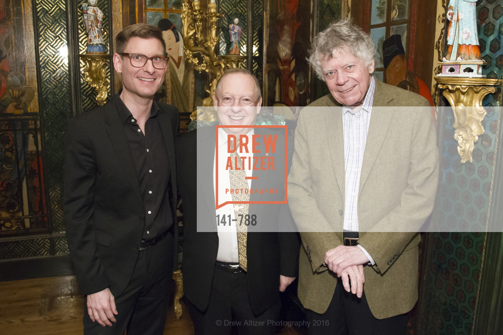 Kristian Bezuidenhout, Nicholas McGegan, Gordon P. Getty, Reception for the Philharmonia Baroque Orchestra, Private Residence. 2525 Van Ness St, February 2nd, 2016, Photo #141-788 Kristian Bezuidenhout, Nicholas McGegan, Gordon P. Getty, Photo #141-788