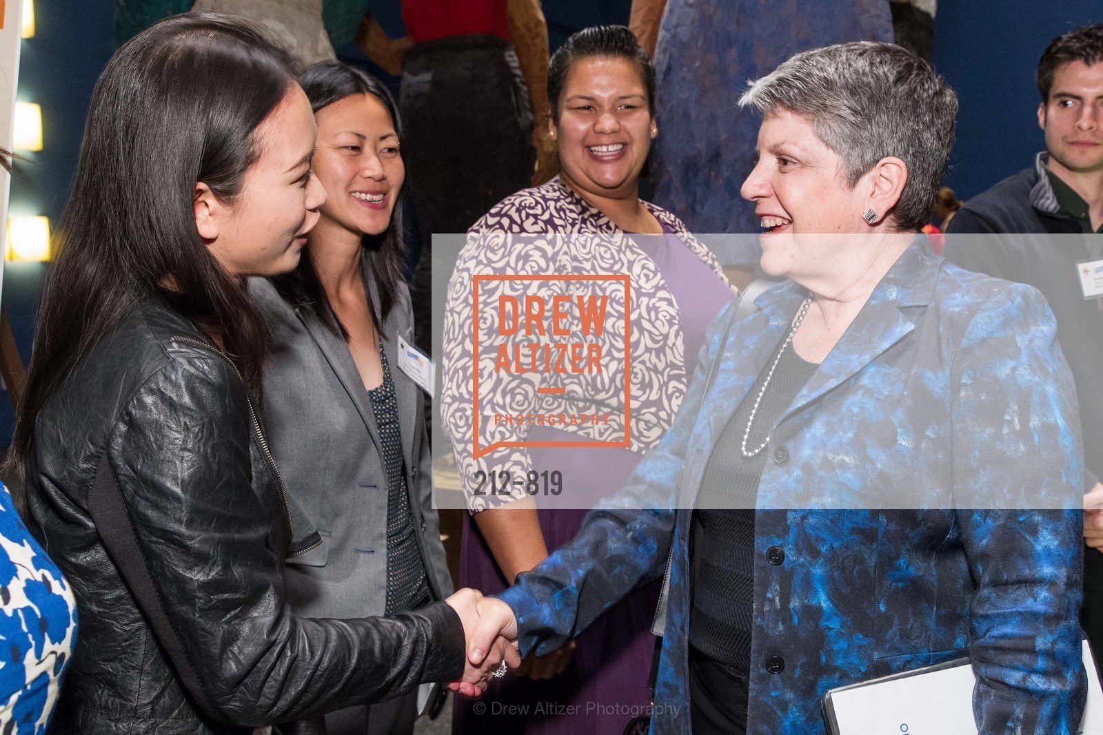 Mona Zhao, Tracy Zhu, Janelle Charles Oyuela, Janet Napolitano, Photo #212-819