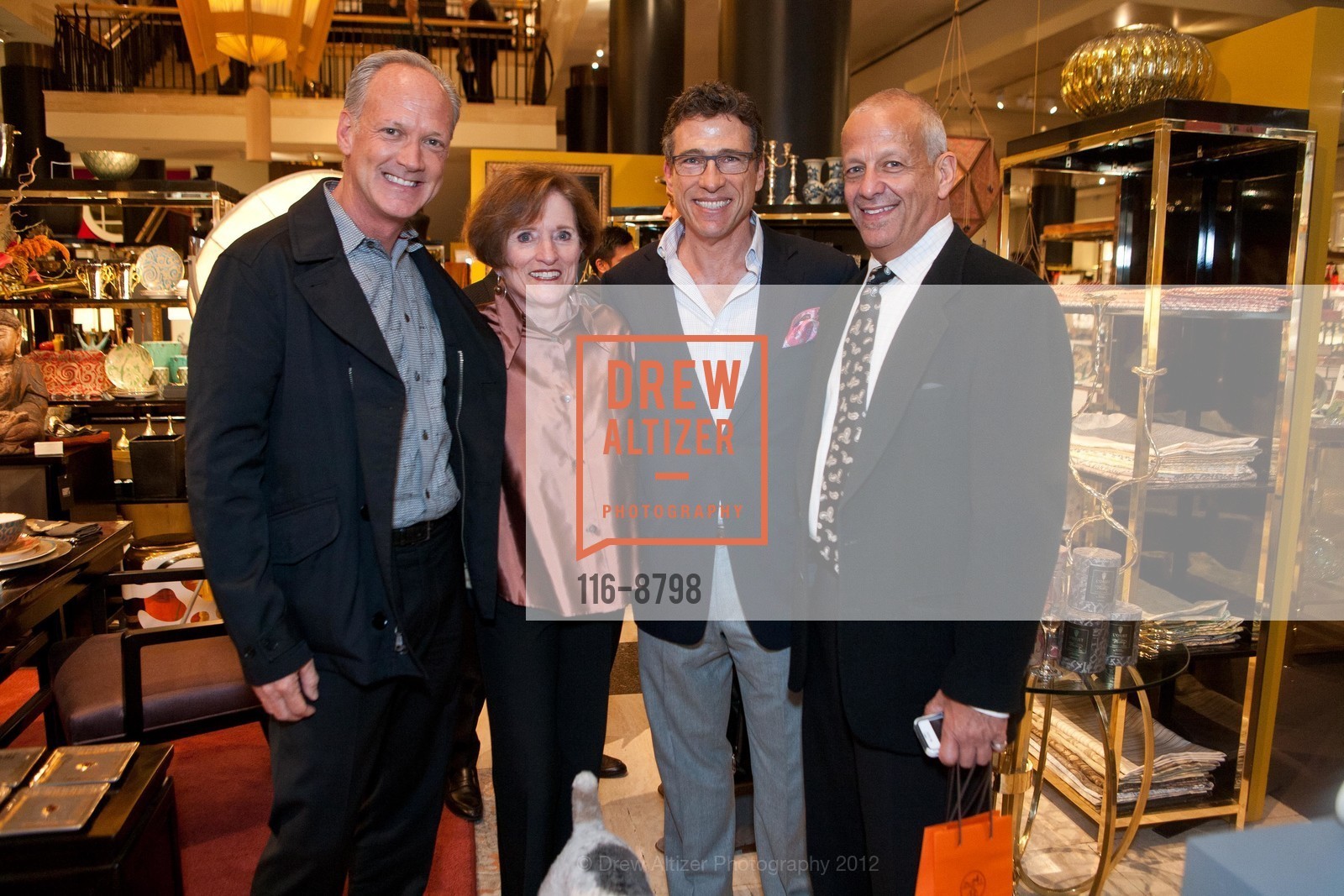 Susan Carr, Jeffrey Weisman, Avner ?, GUMPS Hosts Cocktail Party for Fortuny Interiors with Authors Erik Kvalsvik and Brian D. Coleman, Gumps. 135 Post Street, September 20th, 2012, Photo #116-8798 Susan Carr, Jeffrey Weisman, Avner ?, Photo #116-8798