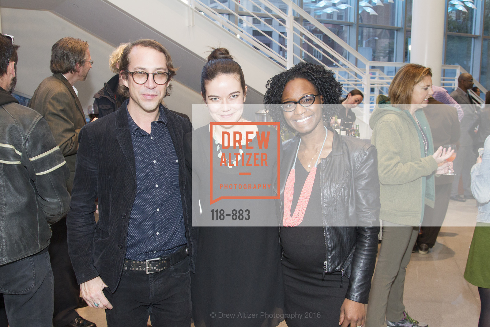 Travis Threlkel, Christina Escobar, Tolu Lawrence, BeAModel Man Reception and Campaign Kickoff, Yerba Buena Center for the Arts Screening Room & Grand Lobby. 701 Mission St, February 5th, 2016, Photo #118-883 Travis Threlkel, Christina Escobar, Tolu Lawrence, Photo #118-883