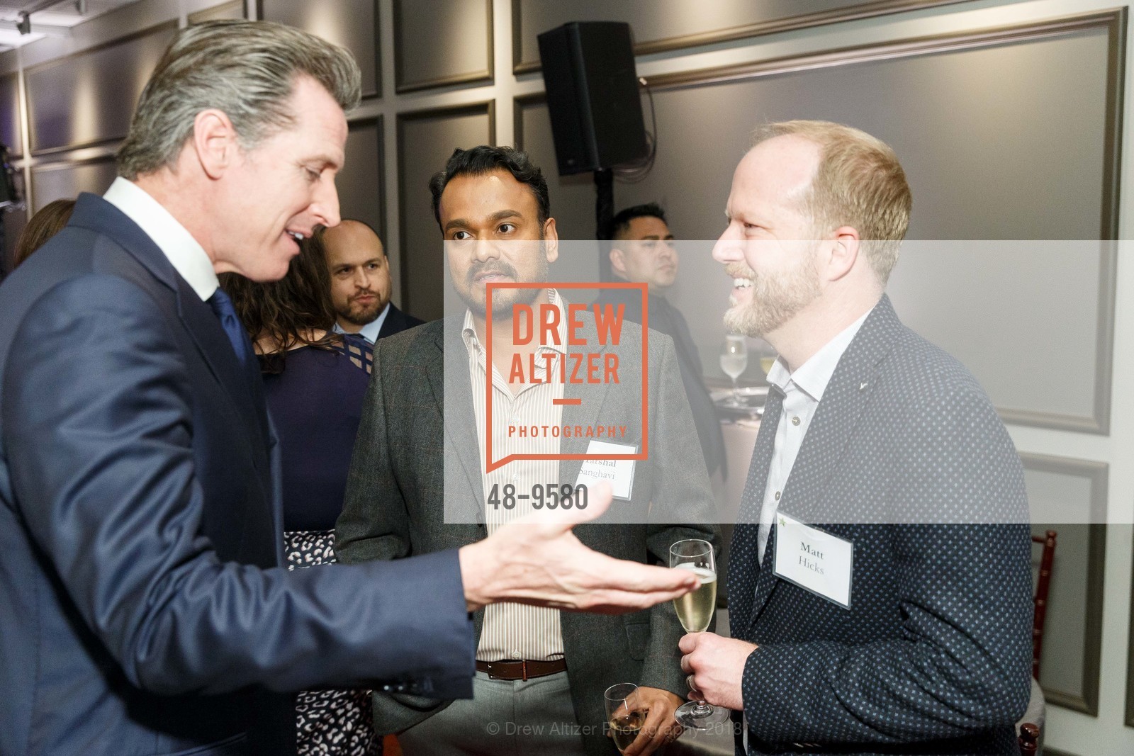Gavin Newsom, Harshal Sanghavi, Matt Hicks, Newsom for Governor Event in the Merchants Exchange Club, Merchants Exchange Club. 465 California Street, 15th Floor, SF, CA 94104, March 28th, 2018, Photo #48-9580 Gavin Newsom, Harshal Sanghavi, Matt Hicks, Photo #48-9580