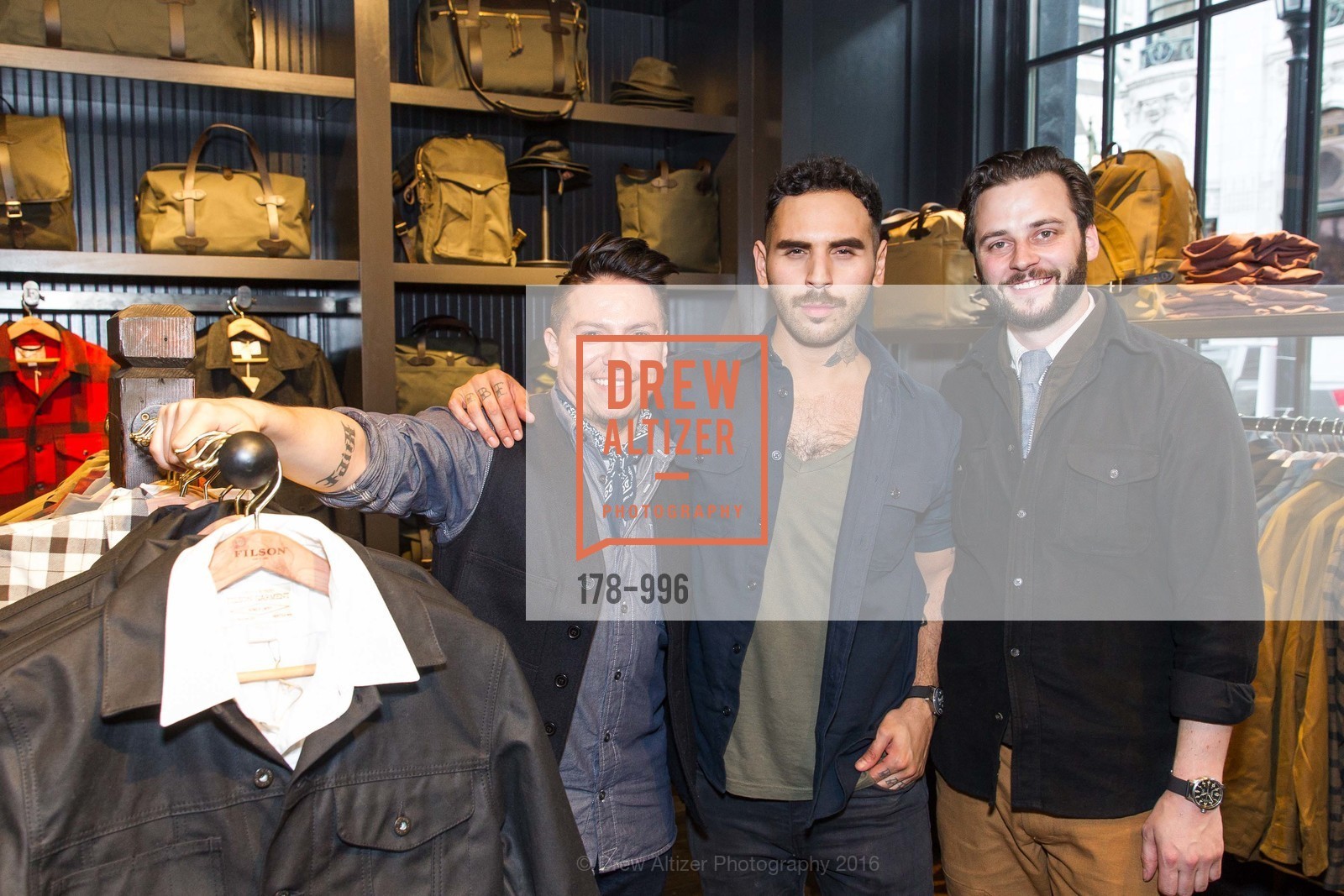 Miguel Aguilar, Raf Castro, Thomas McEntee, Filson's Grand Opening Celebration, Filson's. 722 Montgomery Street, March 2nd, 2016, Photo #178-996 Miguel Aguilar, Raf Castro, Thomas McEntee, Photo #178-996