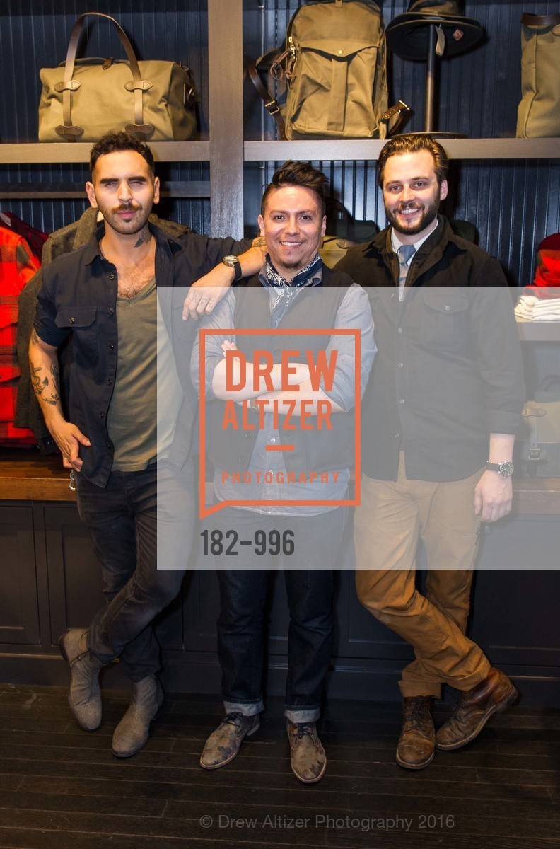 Raf Castro, Miguel Aguilar, Thomas McEntee, Filson's Grand Opening Celebration, Filson's. 722 Montgomery Street, March 2nd, 2016, Photo #182-996 Raf Castro, Miguel Aguilar, Thomas McEntee, Photo #182-996