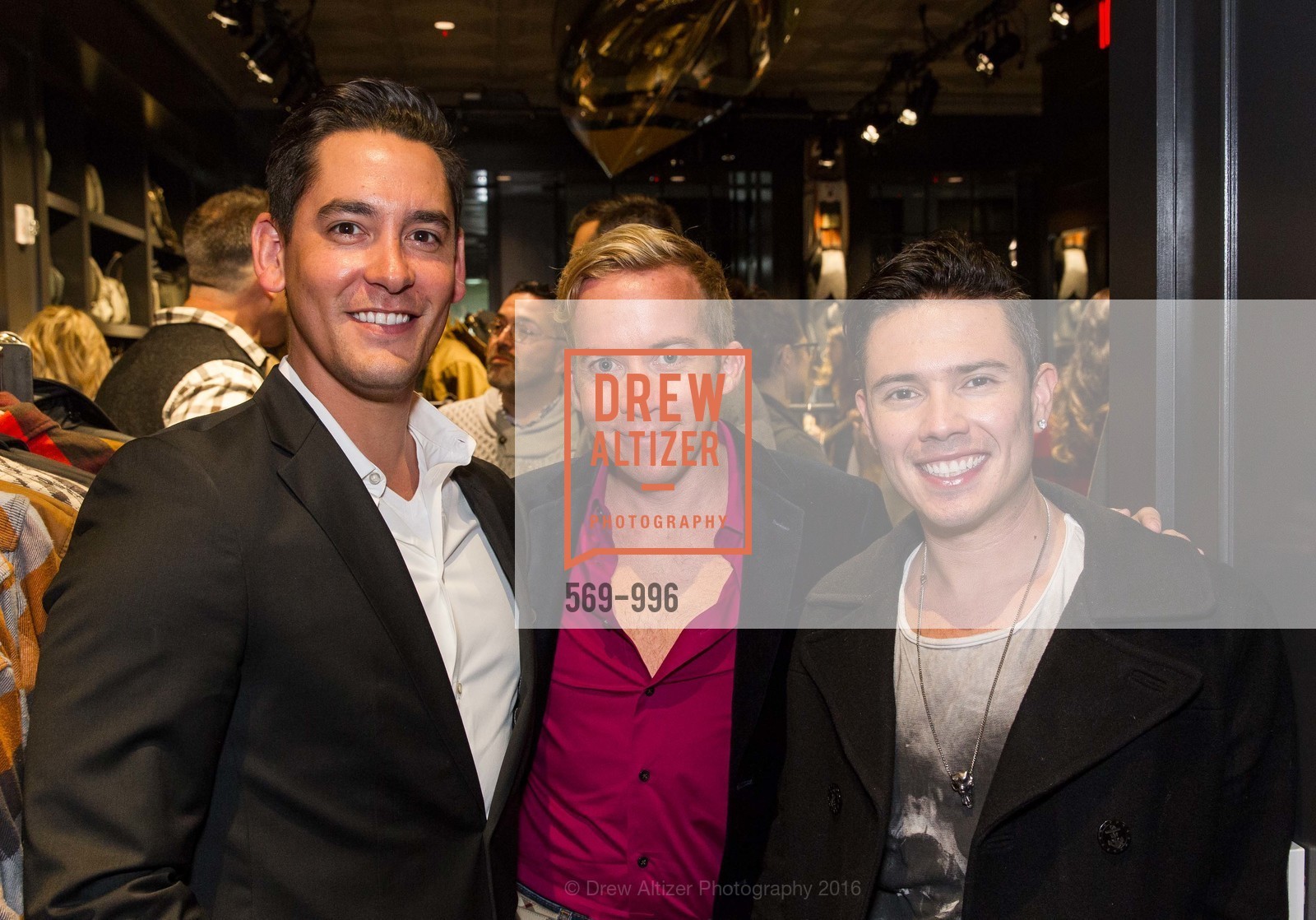 Evan Bliss, Skye Paterson, Oscar Enriquez, Filson's Grand Opening Celebration, Filson's. 722 Montgomery Street, March 2nd, 2016, Photo #569-996 Evan Bliss, Skye Paterson, Oscar Enriquez, Photo #569-996